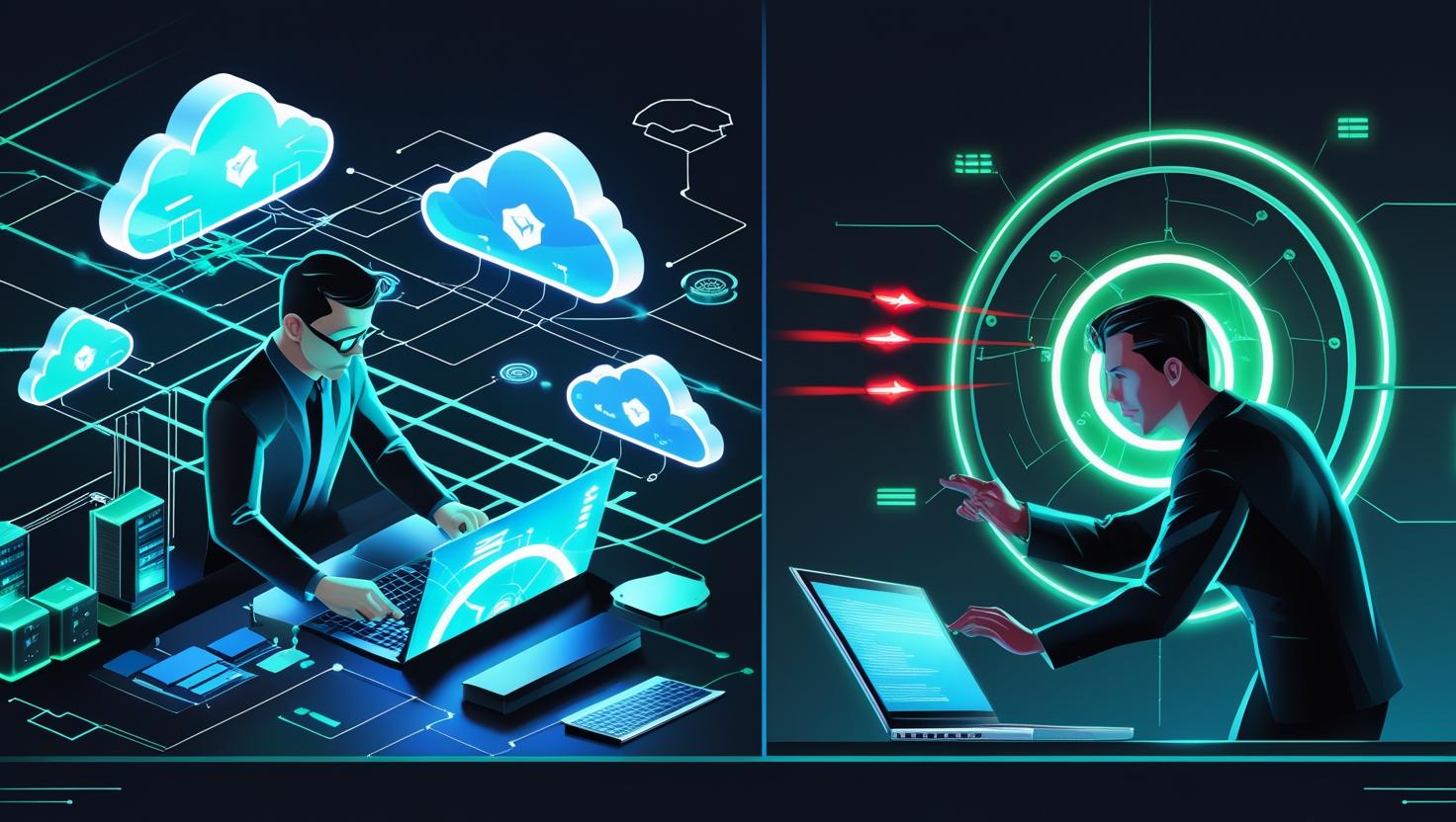 “A split-screen illustration showing a Cloud Computing engineer working on cloud architecture and a Cybersecurity analyst defending a network from threats, futuristic setting, modern isometric 3D style, glowing _363.jpg